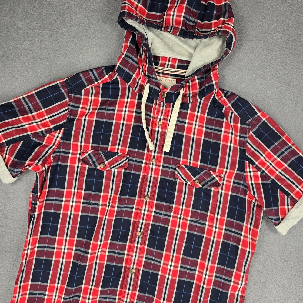 Esprit Shirt Mens Large Red Navy Plaid‎ Hooded Slim Fit Button Up Short Sleeve